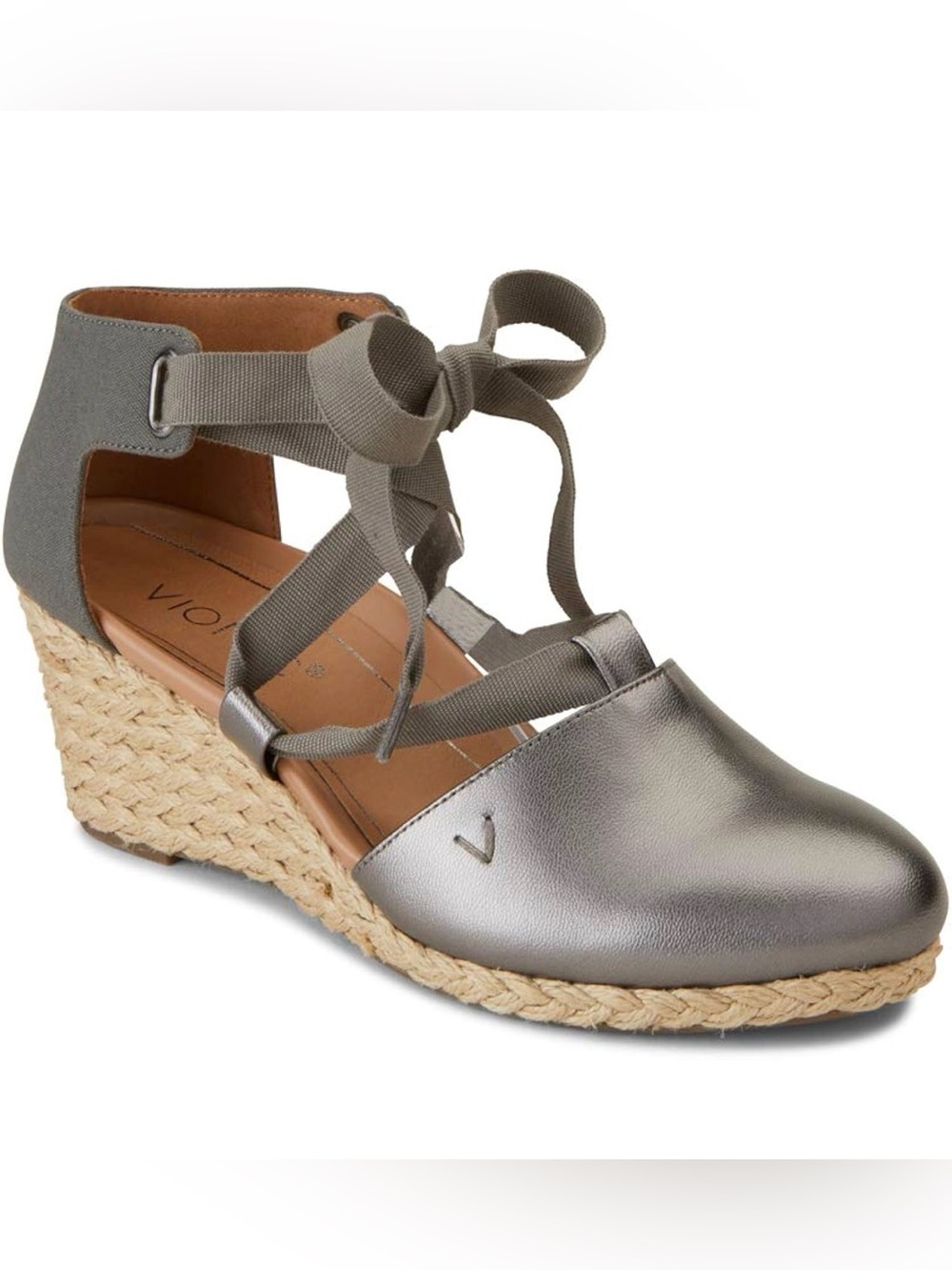 Vionic Katlyn Metallic Silver Wedge with Ankle Tie